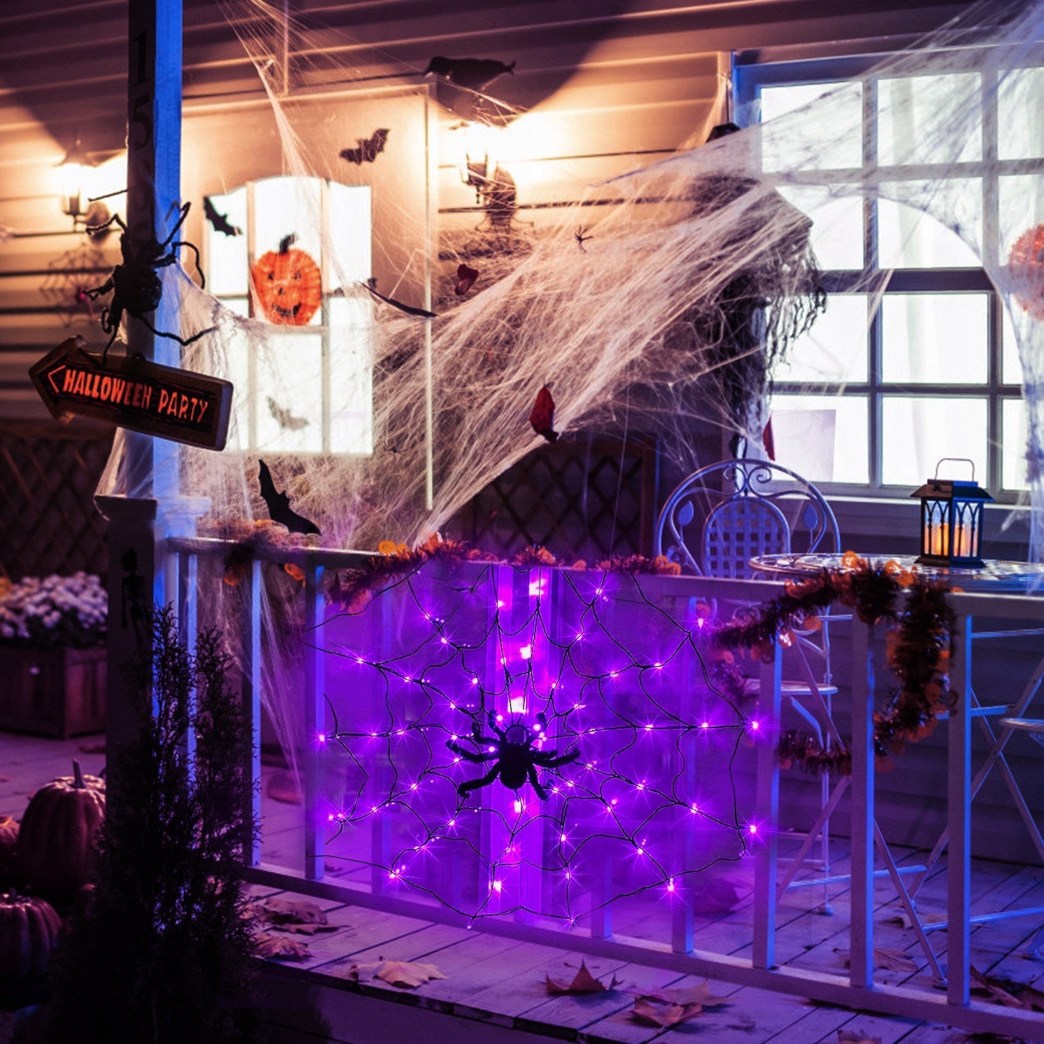 Halloween Spider Web Light 3.28FT – 70 LEDs with Hairy Spider & Remote