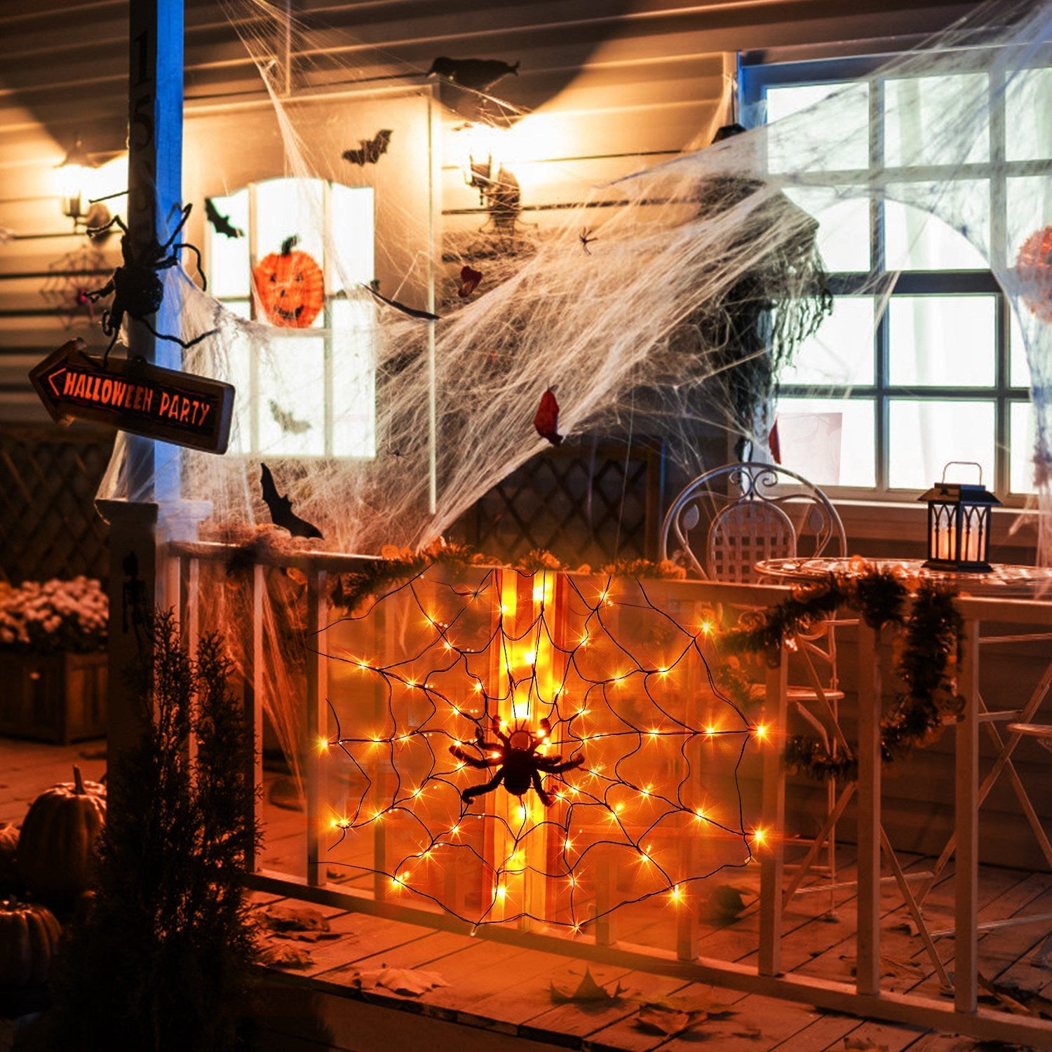 Halloween Spider Web Light 3.28FT – 70 LEDs with Hairy Spider & Remote