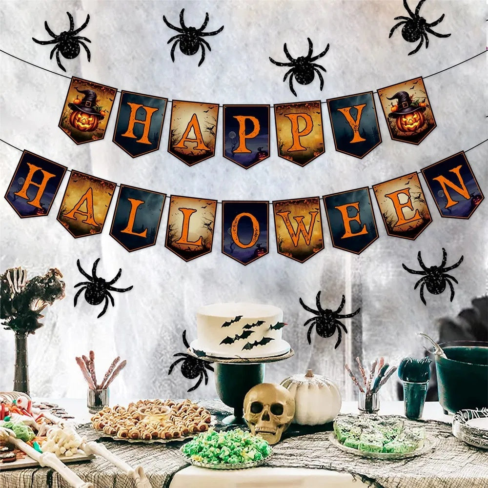 Happy Halloween Banner & Spider Garland – Trick-or-Treat Party Decorations