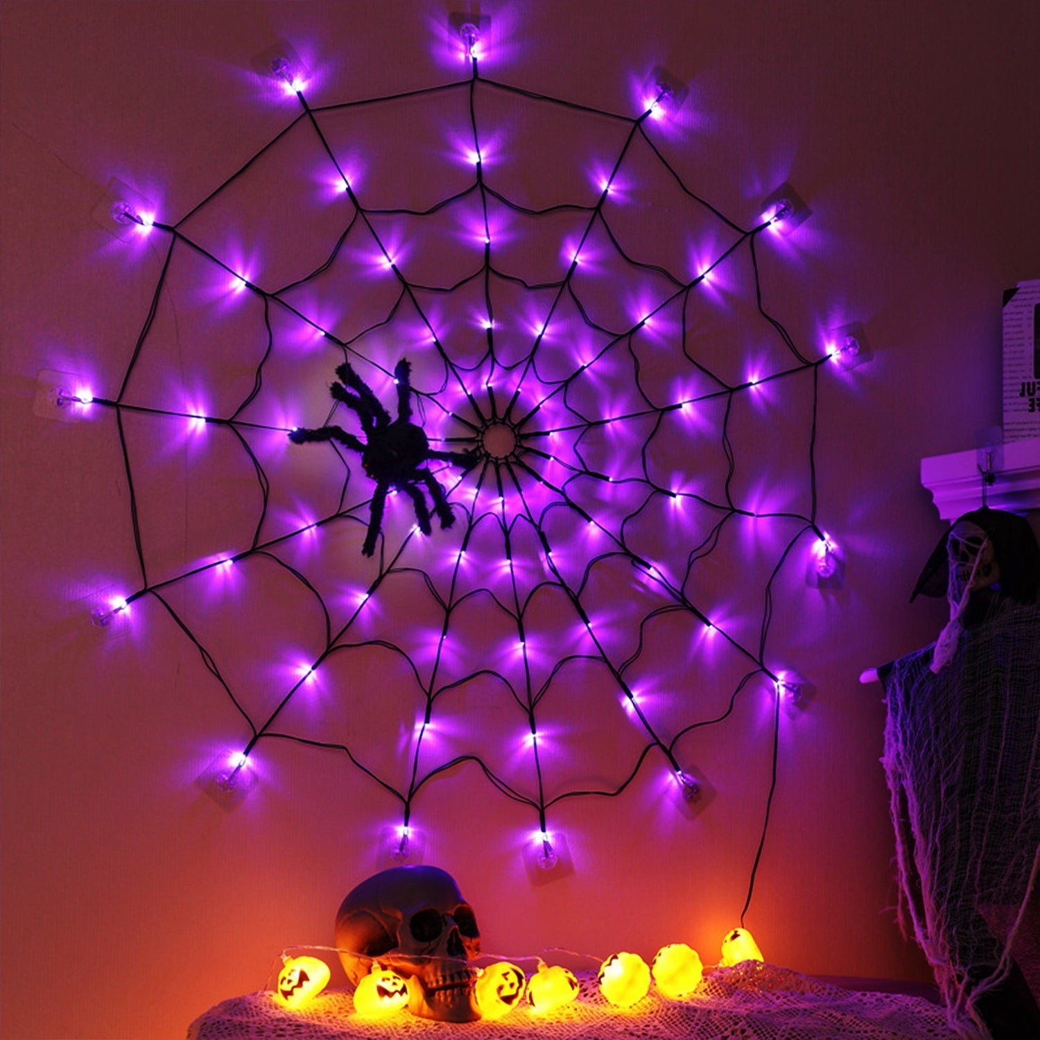 Halloween Spider Web Light 3.28FT – 70 LEDs with Hairy Spider & Remote