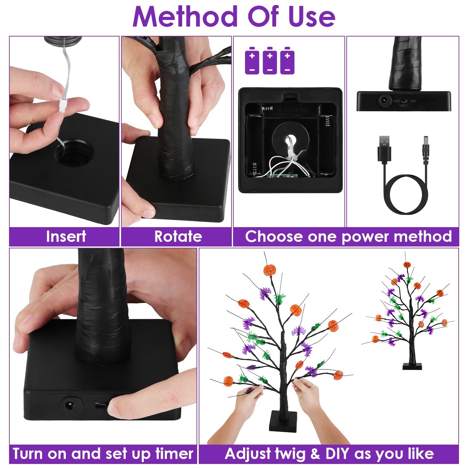 2-Pack 1.97FT Lighted Halloween Trees – Black Indoor Halloween Decorations with Timer & Adjustable LED Twigs for Tabletop Party