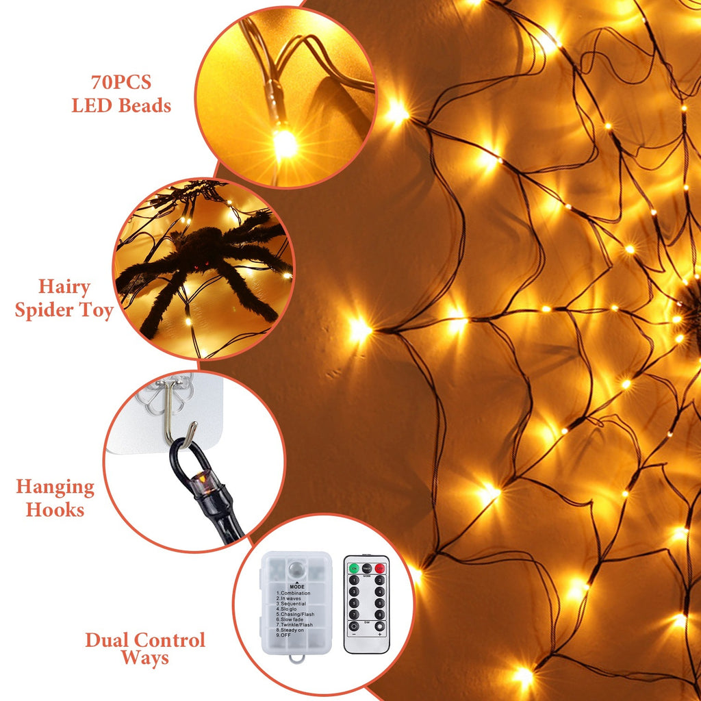 Halloween Spider Web Light 3.28FT – 70 LEDs with Hairy Spider & Remote