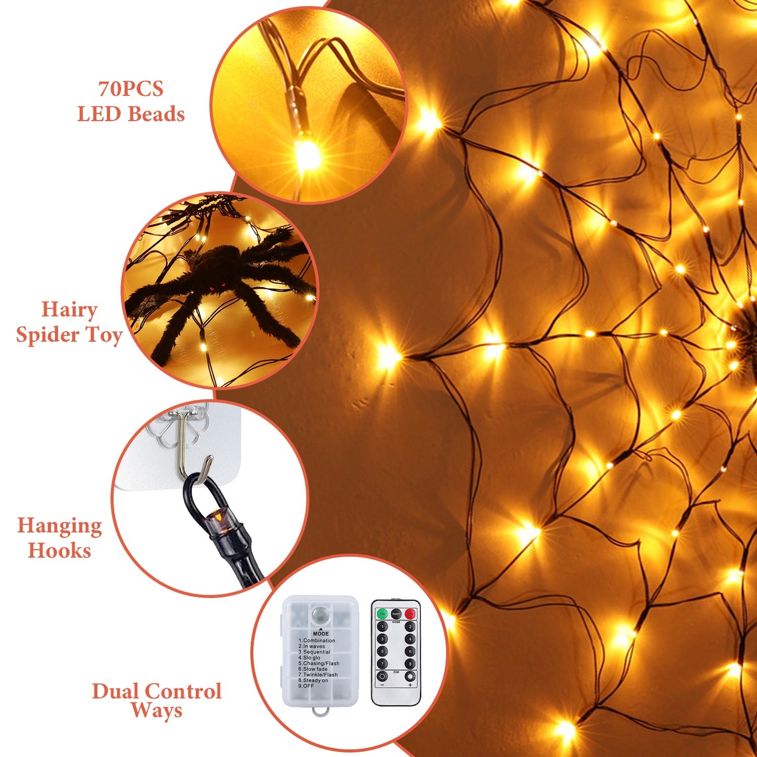 Halloween Spider Web Light 3.28FT – 70 LEDs with Hairy Spider & Remote