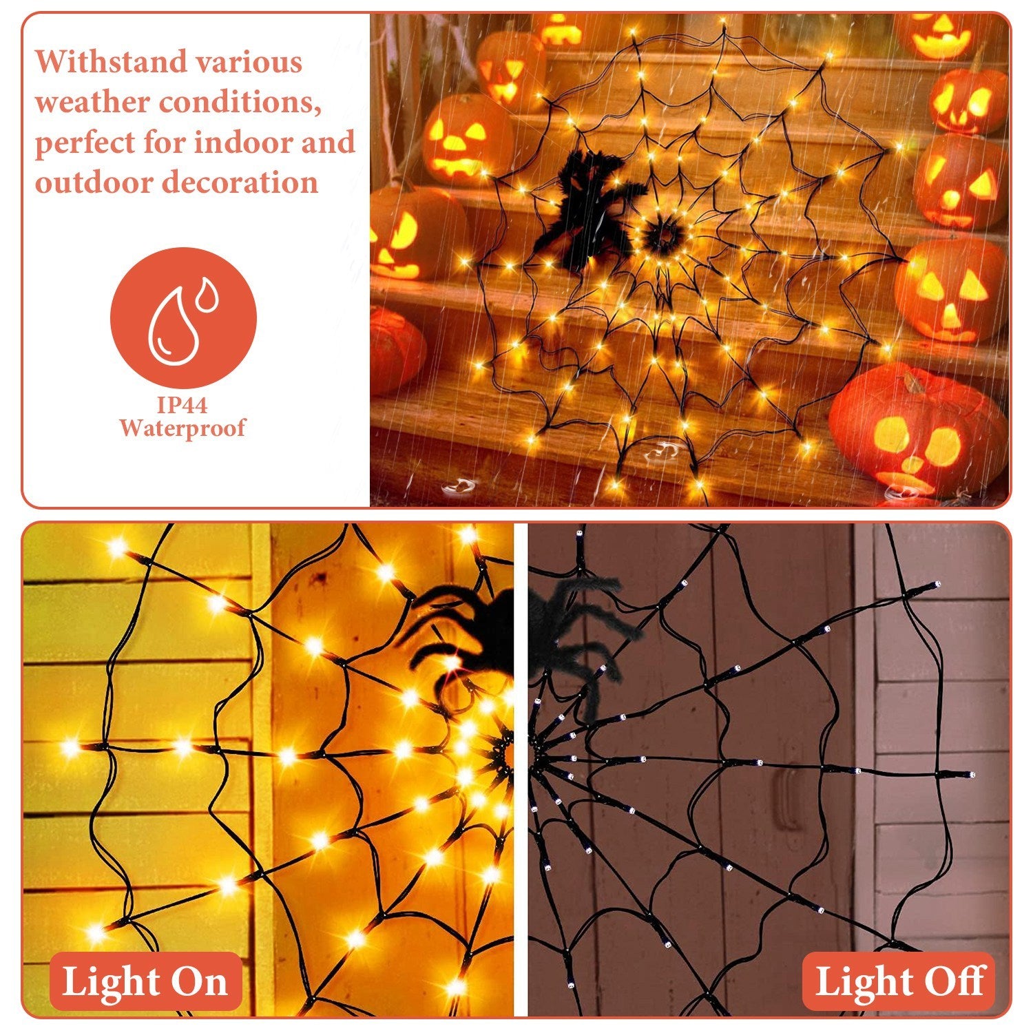 Halloween Spider Web Light 3.28FT – 70 LEDs with Hairy Spider & Remote