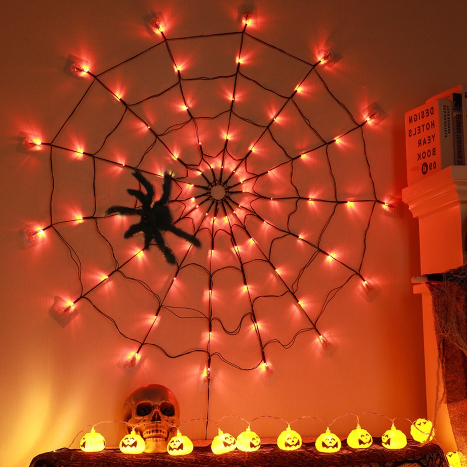Halloween Spider Web Light 3.28FT – 70 LEDs with Hairy Spider & Remote