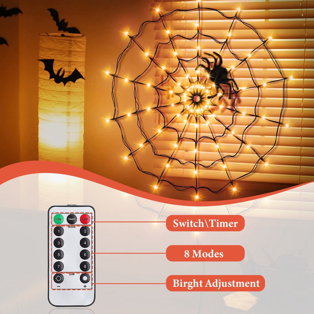 Halloween Spider Web Light 3.28FT – 70 LEDs with Hairy Spider & Remote