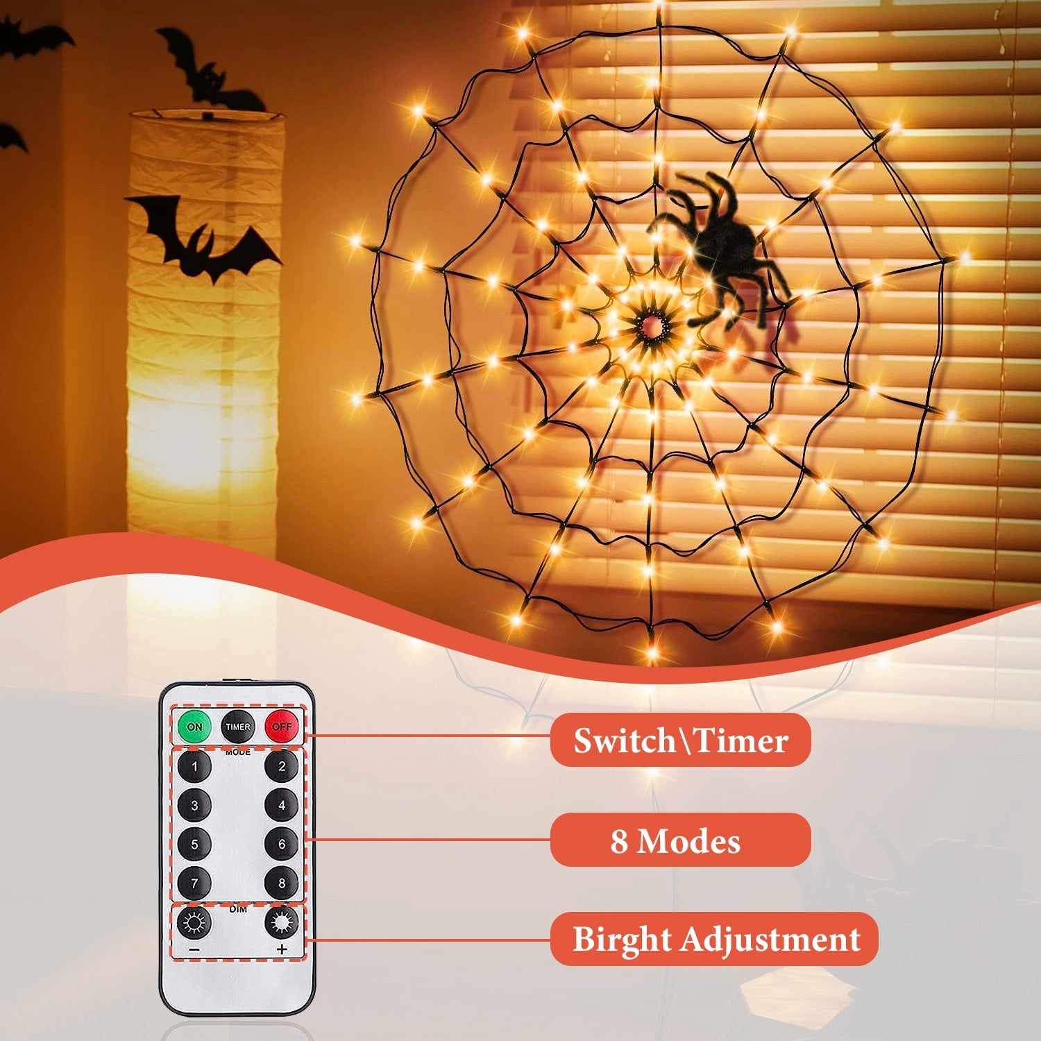 Halloween Spider Web Light 3.28FT – 70 LEDs with Hairy Spider & Remote