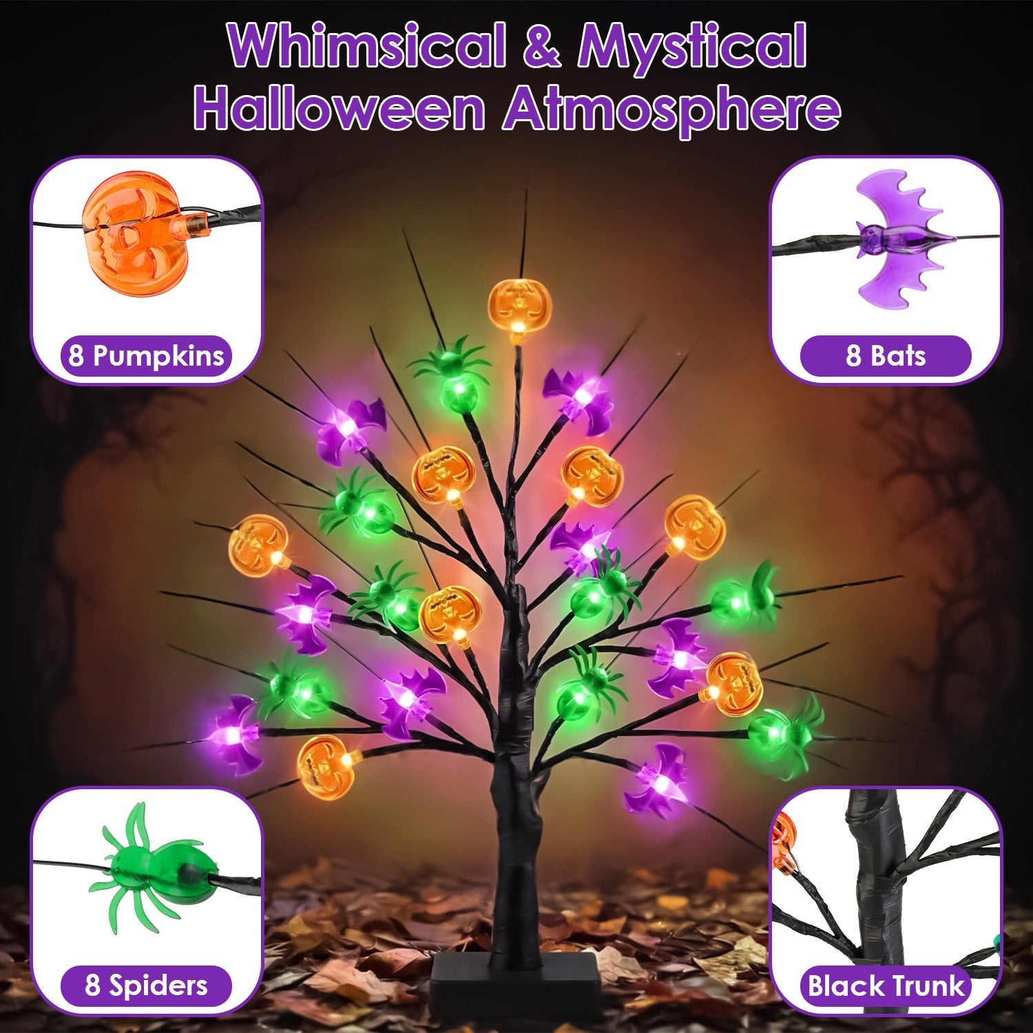 2-Pack 1.97FT Lighted Halloween Trees – Black Indoor Halloween Decorations with Timer & Adjustable LED Twigs for Tabletop Party