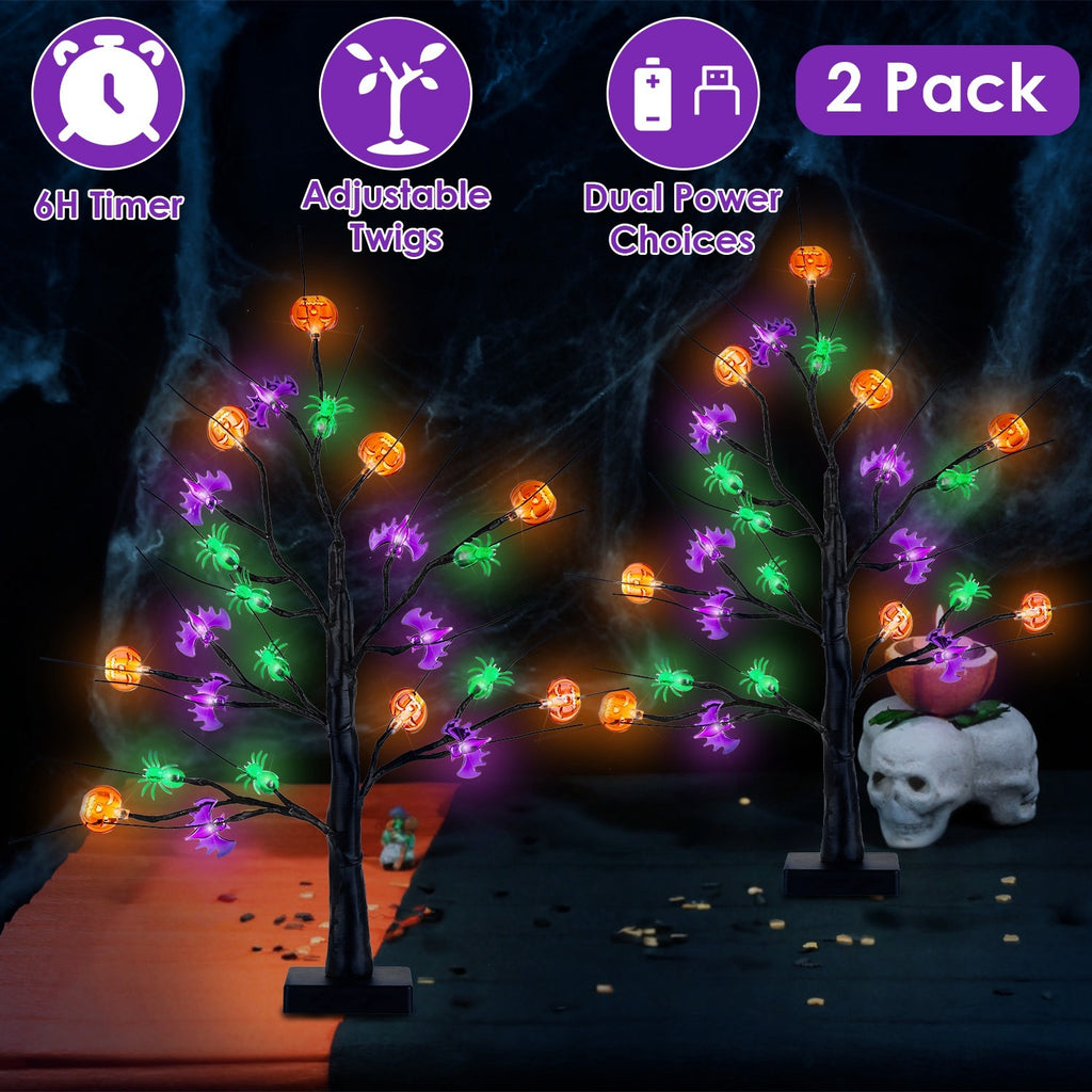 2-Pack 1.97FT Lighted Halloween Trees – Black Indoor Halloween Decorations with Timer & Adjustable LED Twigs for Tabletop Party