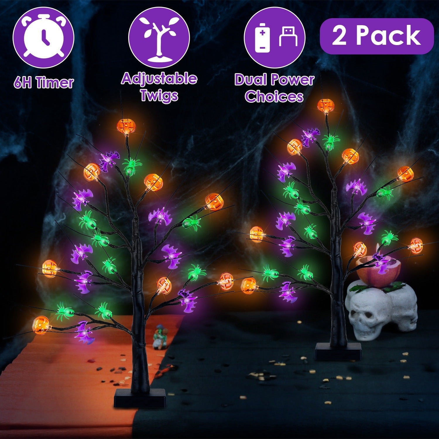 2-Pack 1.97FT Lighted Halloween Trees – Black Indoor Halloween Decorations with Timer & Adjustable LED Twigs for Tabletop Party