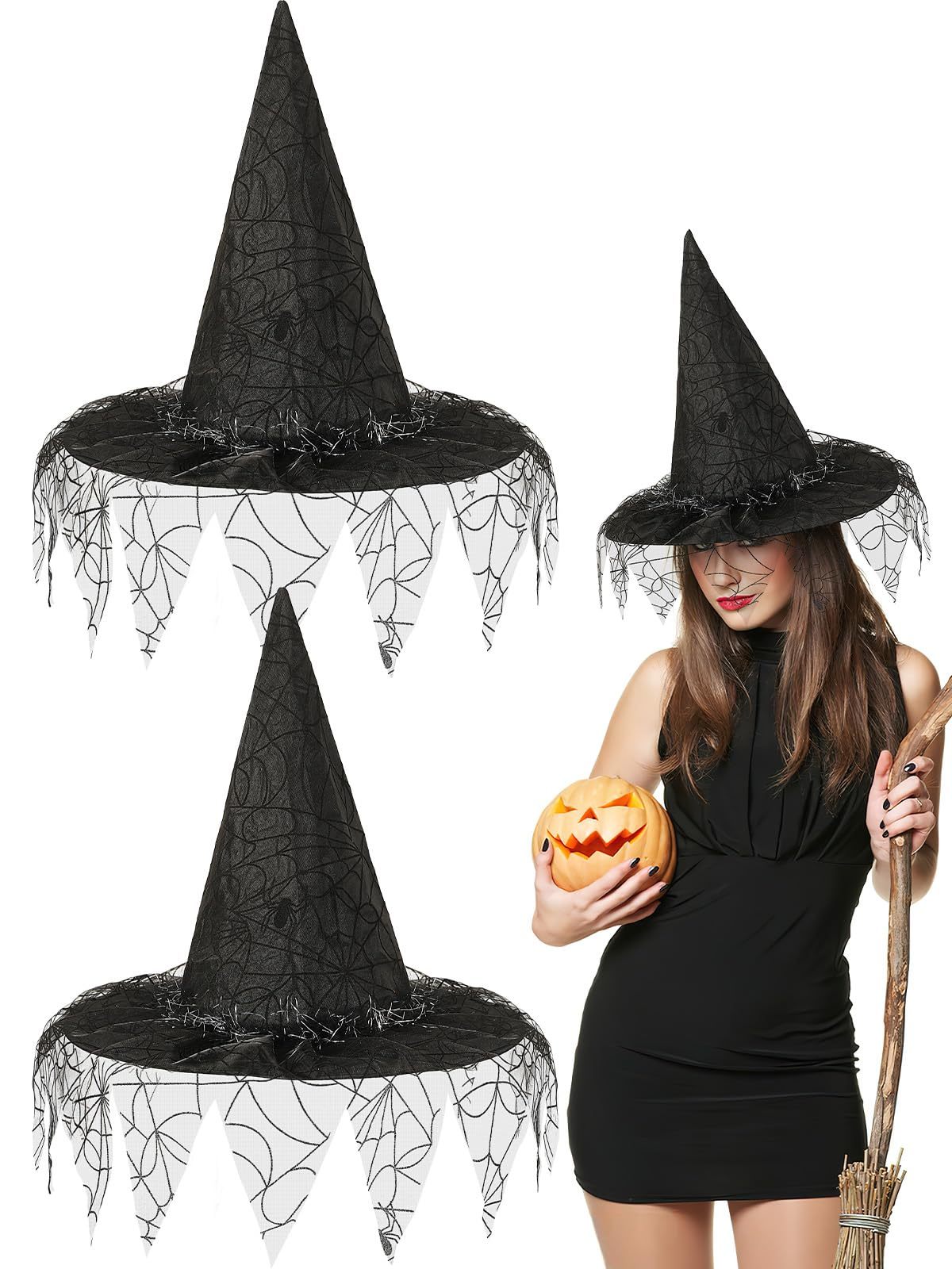 Black Witch Hats Halloween Costume – 2-Pack Foldable & Pointed for Women