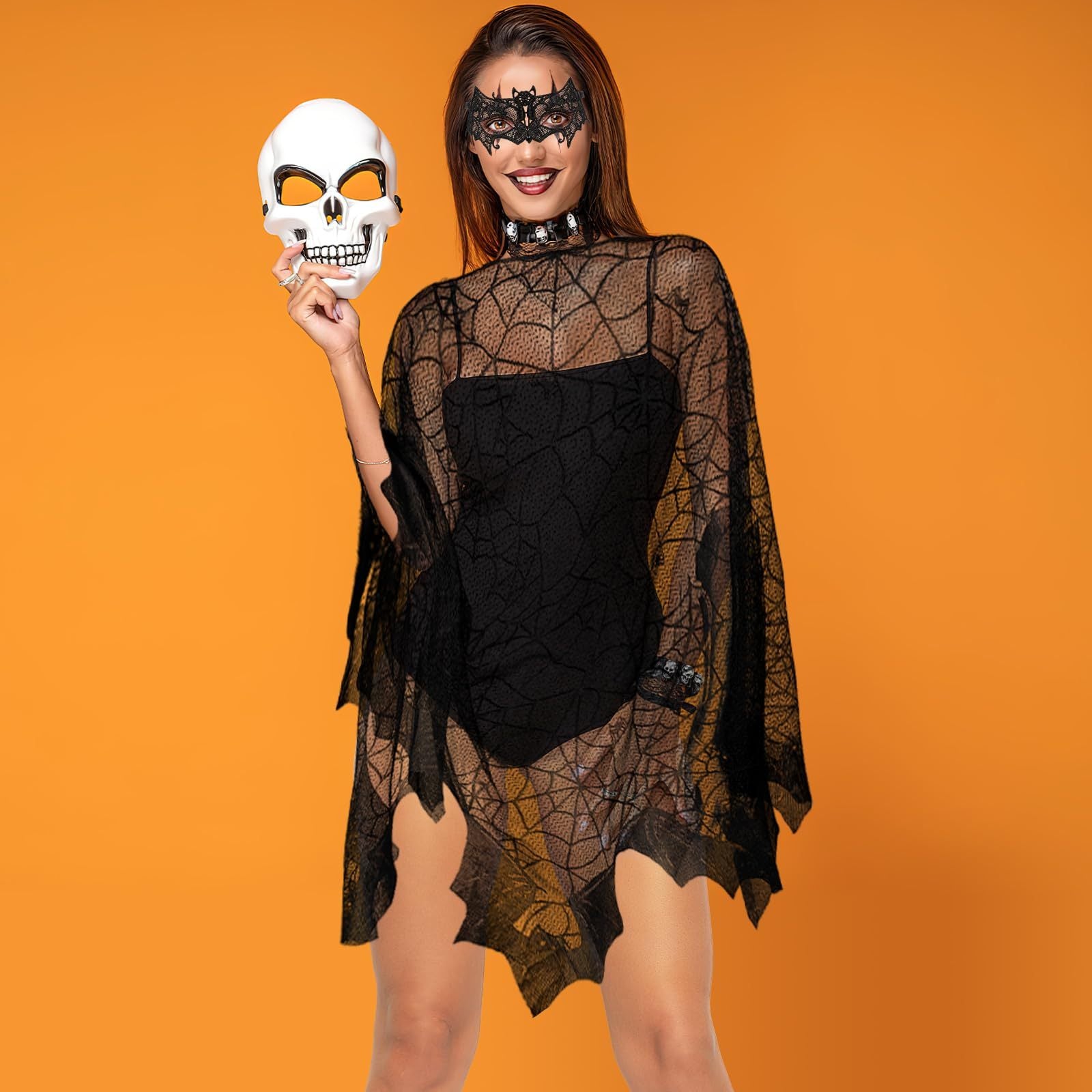 2-Piece Halloween Poncho Set – Bat & Spider Web with Lace Mask