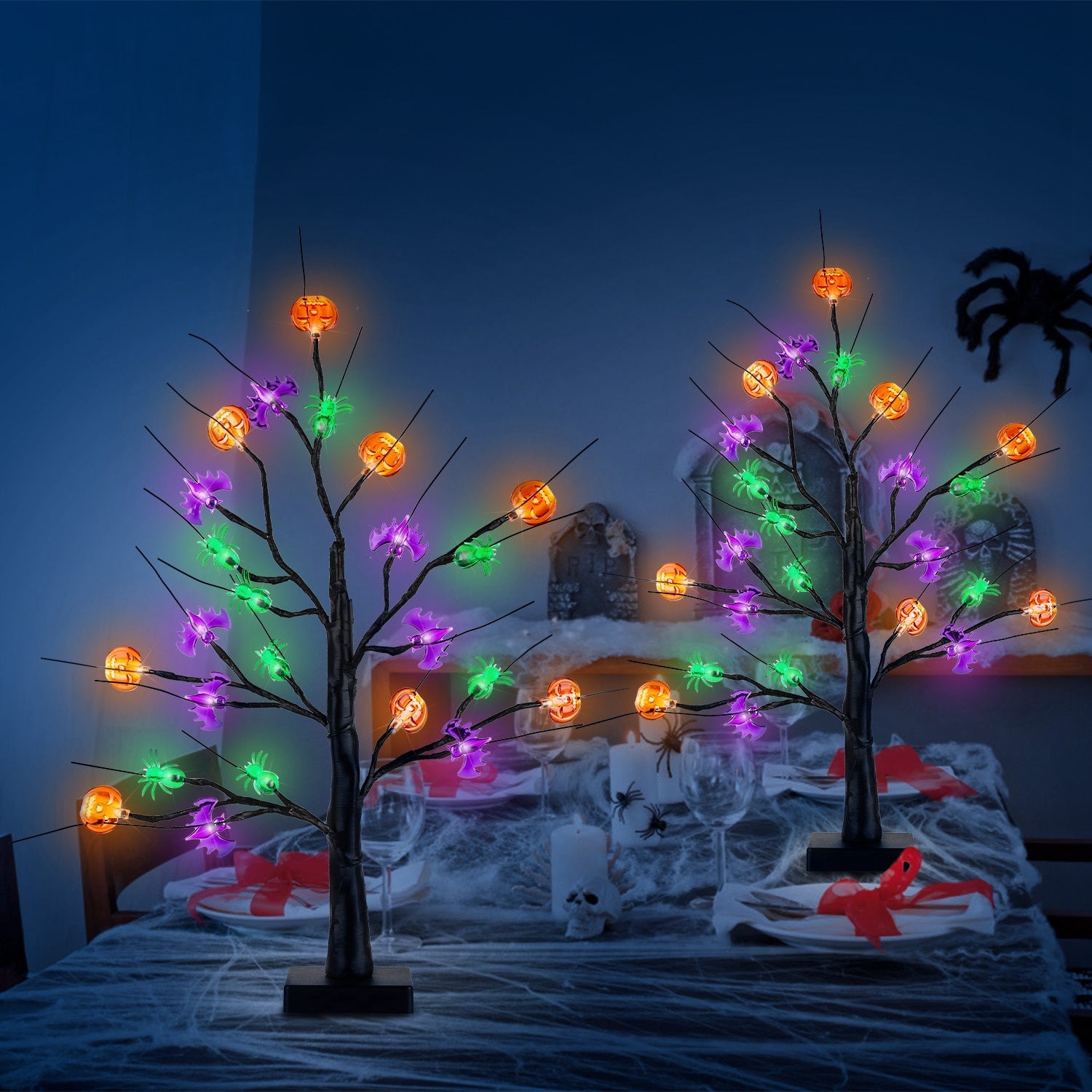2-Pack 1.97FT Lighted Halloween Trees – Black Indoor Halloween Decorations with Timer & Adjustable LED Twigs for Tabletop Party