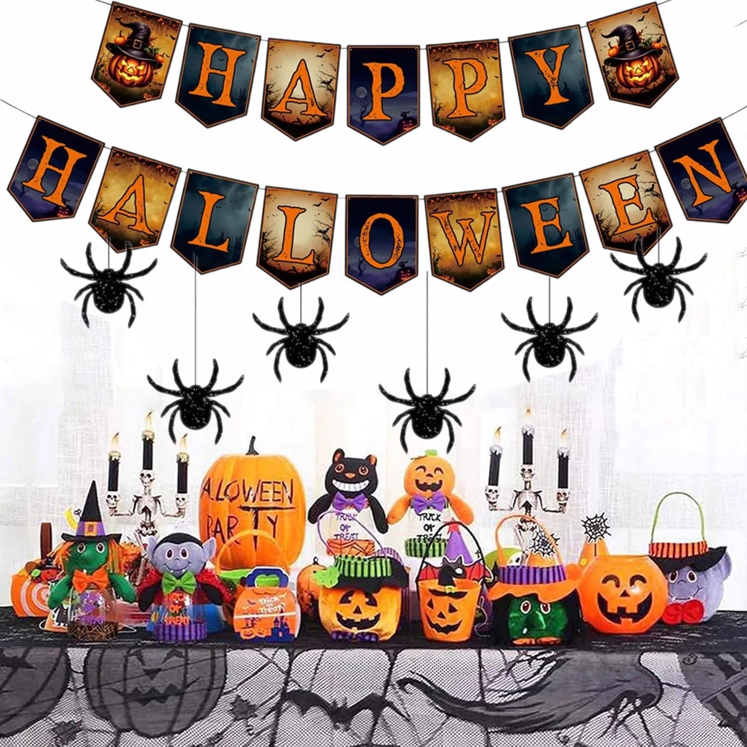 Happy Halloween Banner & Spider Garland – Trick-or-Treat Party Decorations