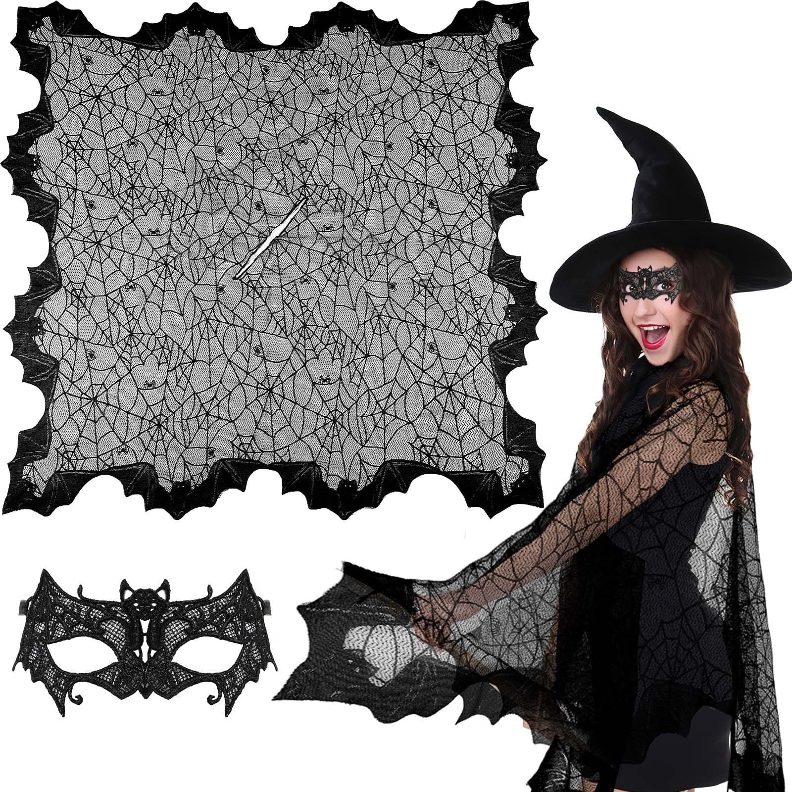 2-Piece Halloween Poncho Set – Bat & Spider Web with Lace Mask