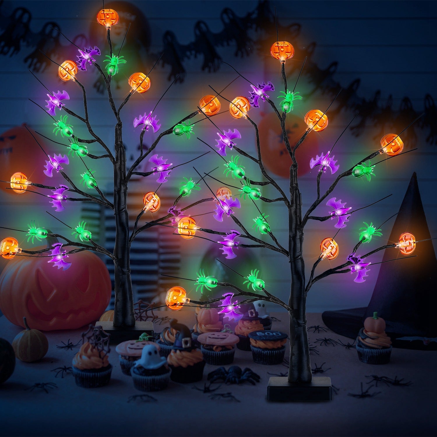 2-Pack 1.97FT Lighted Halloween Trees – Black Indoor Halloween Decorations with Timer & Adjustable LED Twigs for Tabletop Party